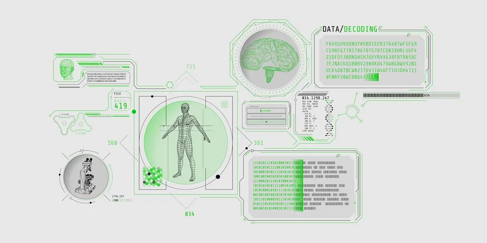 Futuristic brain research program interface with data decoding. 스톡 일러스트
