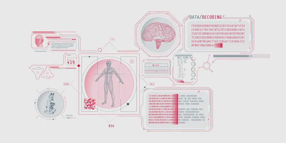 Futuristic brain research program interface with data decoding. 스톡 일러스트