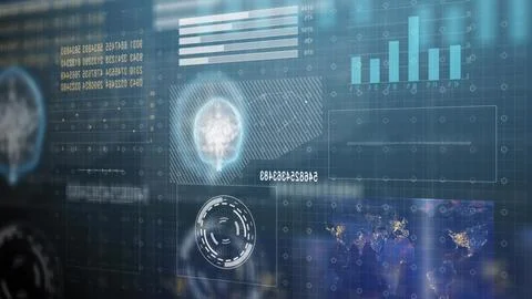 Futuristic brain scan interface displaying global data analytics Fotos de archivo