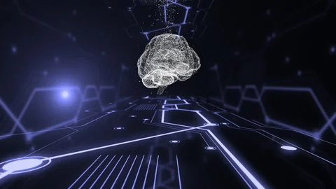 Futuristic brain user interface. Digital brain blowing in hud tunnel with Stock Footage 132857149