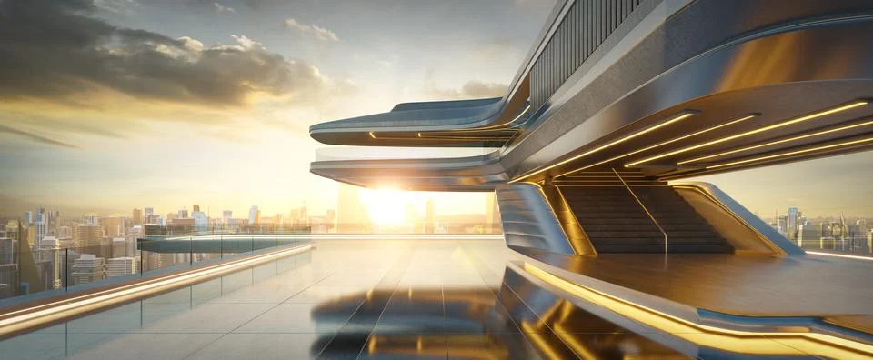 Futuristic building with empty rooftop overlooking city at sunset Stock Photos