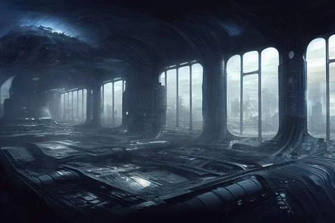 Futuristic building interior or hangar in scifi world Ilustración de archivo