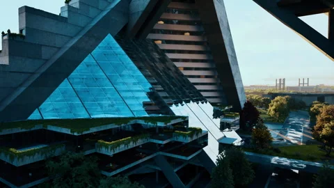Futuristic building with triangular glass facade in a vibrant urban setting Stock Footage 310265305