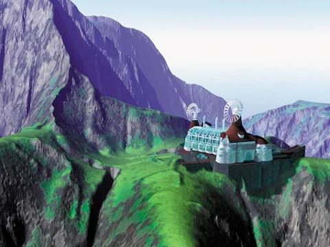 Futuristic Building with Windmills Sitting on Mountain Top Stock Illustration