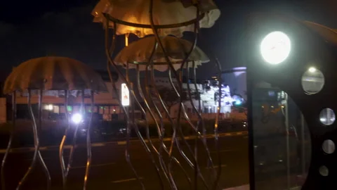 Futuristic bus stops in Dubai with jellyfish illustrations Stock Footage 301636120