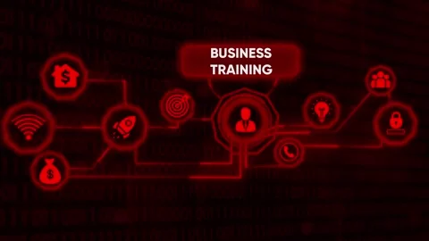 Futuristic Business Training Concept on Binary Background with Red Icons Stock Footage 327760731