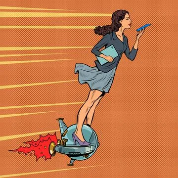 A futuristic businesswoman rides an electric jet unicycle, a woman communicates Stock Illustration