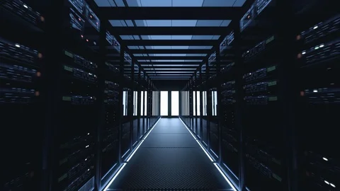 A futuristic busy data center with flashing server rack lights Stock Footage 99482565