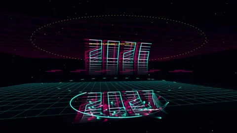 Futuristic calendar transition effect showing years 2026 and 2027 in digita.. Vidéo 343558584