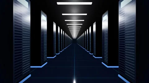 Futuristic camera flythrough in a dark server room hallway. 4K 3D Render Video stock 344846758