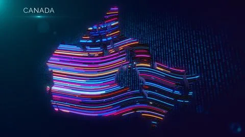 Futuristic Canada Map with Neon Wavy Lines and Country Name Display Stock Illustration