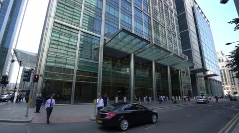 Futuristic Canary Wharf district in London Stock Footage