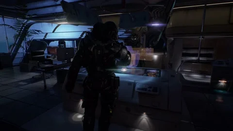 Futuristic captain plans enemy spaceship attack using advanced visuals Stock Footage 149081149