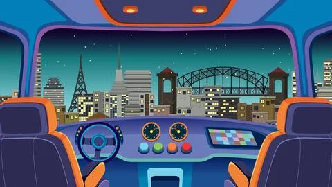 Futuristic Car Cockpit View of Modern City Skyline at Night Stock Illustration