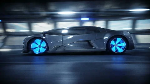 Futuristic car fast driving in sci fi tunnel, coridor. Concept of future Stock Footage