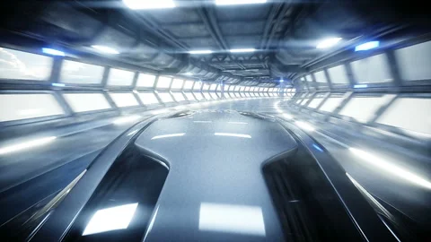 Futuristic car fast driving in sci fi tunnel, coridor. Concept of future Stock Footage 108465287