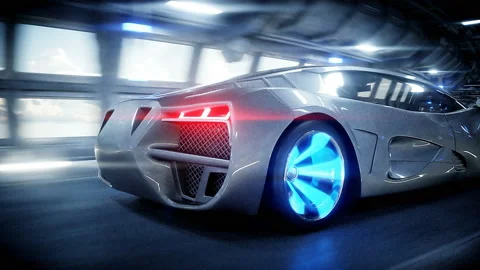 Futuristic car fast driving in sci fi tunnel, coridor. Concept of future Stockbeeldmateriaal 108467496