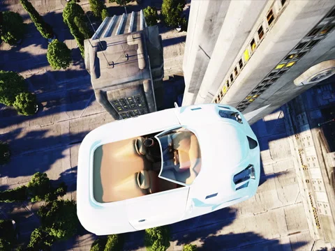 Futuristic car flying over the city, town. Architecture of the future. Aerial Stock-Footage 72476679
