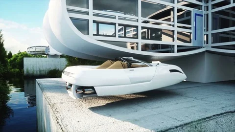 Futuristic car flying over the city, village. House of the future. Aerial view. Stock Footage