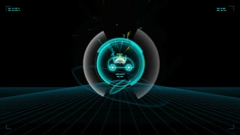 Futuristic car hud display with digital telemetry interface on cyber grid b.. Видео 343249020