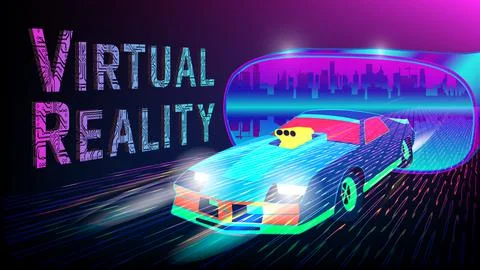 Futuristic car move out from virtual glasses with cityscape inside Stock Illustration