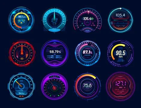 Futuristic car speedometer gauge dials, neon LED Stock Illustration
