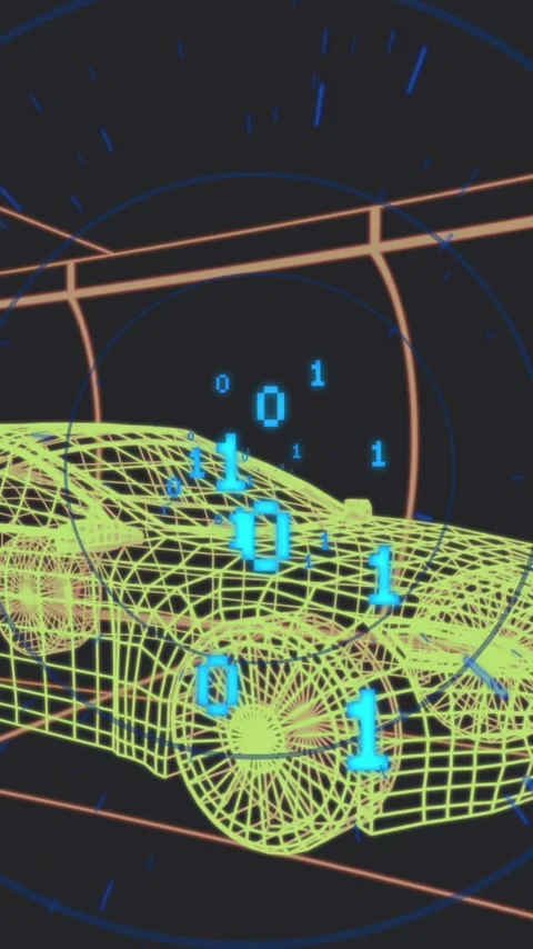 Futuristic car wireframe with binary code animation in digital tunnel Stockbeeldmateriaal 344370496