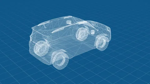 Futuristic Car Wireframe Model on Blue Grid Background Stock Footage 344716396