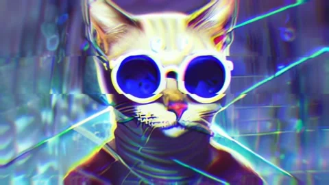 Futuristic Cat Wearing Glasses in Virtual Reality Glitch Loop Animation Video stock 219427077