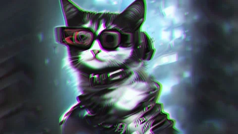 Futuristic Cat Wearing VR Glasses and Suite Glitch Loop Animation Video stock 219427078