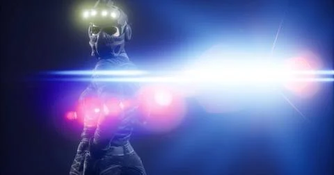 Futuristic character in dark setting with bright light and dramatic focus Stock Illustration