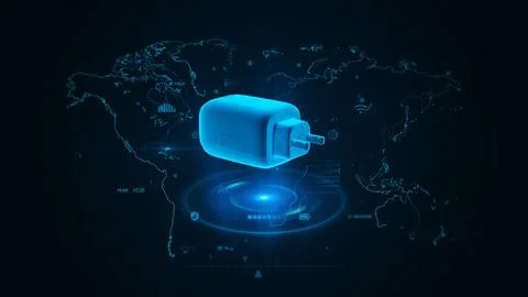 Futuristic Charging Plug with Digital World Map Background Visual Ilustração Stock