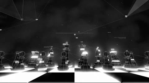 Futuristic Chess Strategy with Glowing Pieces and Digital HUD Interface Stock Footage 332047370