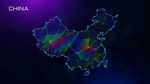 Futuristic China Map Polygonal Connected Lines And Dots Network Wireframe  스톡 일러스트