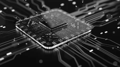 Futuristic chip with glowing circuits, seamless 3D loop Stock Footage 344158535