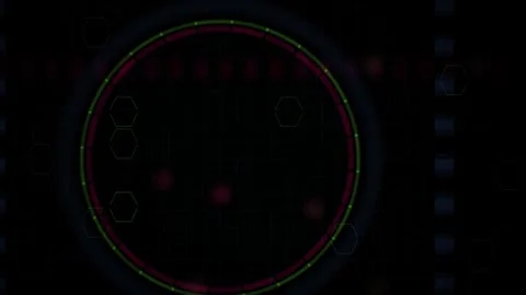 Futuristic Circle Interface with Glowing Red and Green Segments on Dark Grid Vídeo Stock 343698636