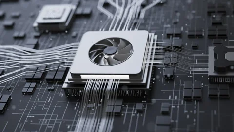 Futuristic circuit board with central GPU and data streams Stock Footage 344160831