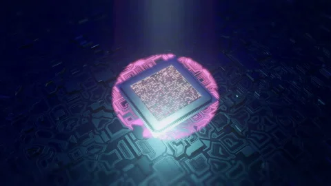 Futuristic Circuit Board CPU Processor sending electronic impuls on motherboard Stock Footage 153385453