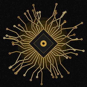 Futuristic circuit board diamond core glowing golden connections abstract d.. Ilustração Stock