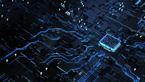 Futuristic circuit board glowing blue lines and circuits , motherboard , wires, Video stock 341896682