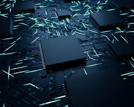 Futuristic circuit board with glowing chips 3D render Stock Illustration
