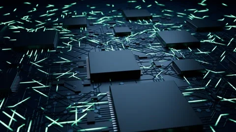 Futuristic circuit board glowing data traces seamless loop Stock Footage 347720255