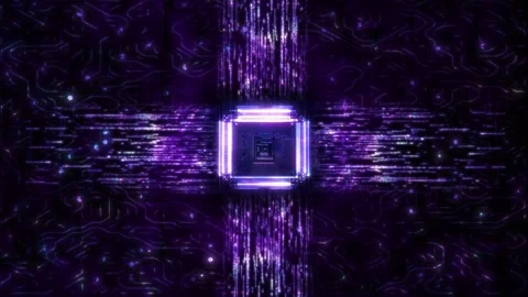Futuristic Circuit Board with Glowing Processor and Digital Data Flow Stock Footage 314505166