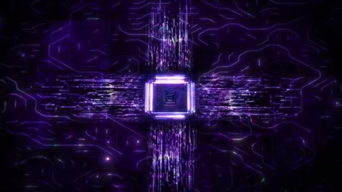 Futuristic Circuit Board with Glowing Processor and Digital Data Flow Video stock 314505170