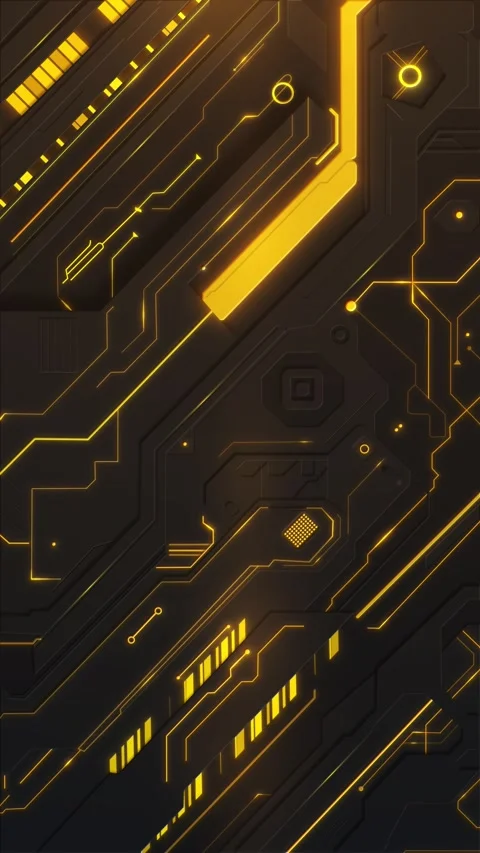 Futuristic circuit board glowing with yellow lights on dark background Stock Footage 321303642