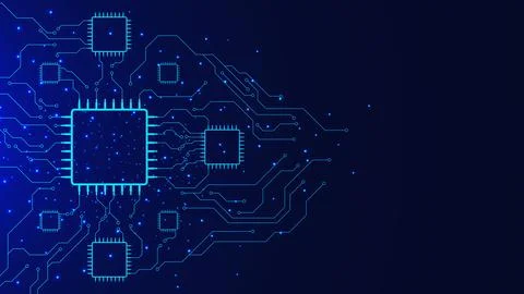 Futuristic circuit board with microchip, Artificial Intelligence chipset 스톡 일러스트