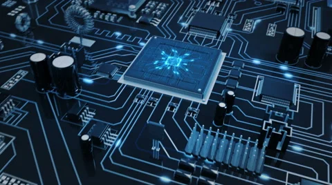 Futuristic circuit board with moving electrons. Loopable f/588 to f/851. Blue. Stock Footage 54835122