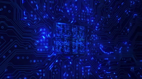 Futuristic circuit board with moving electrons. Loopable. Blue. Lateral dolly. Video stock 59587198
