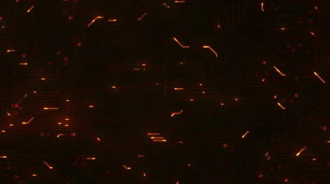 Futuristic circuit board with moving electrons. Loopable. Orange. Lateral dolly. Video stock 59587368