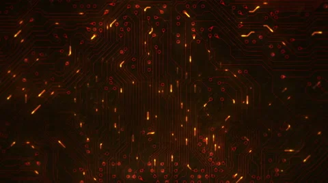 Futuristic circuit board with moving electrons. Loopable. Orange. 2 in 1. Dolly Video stock 59587598